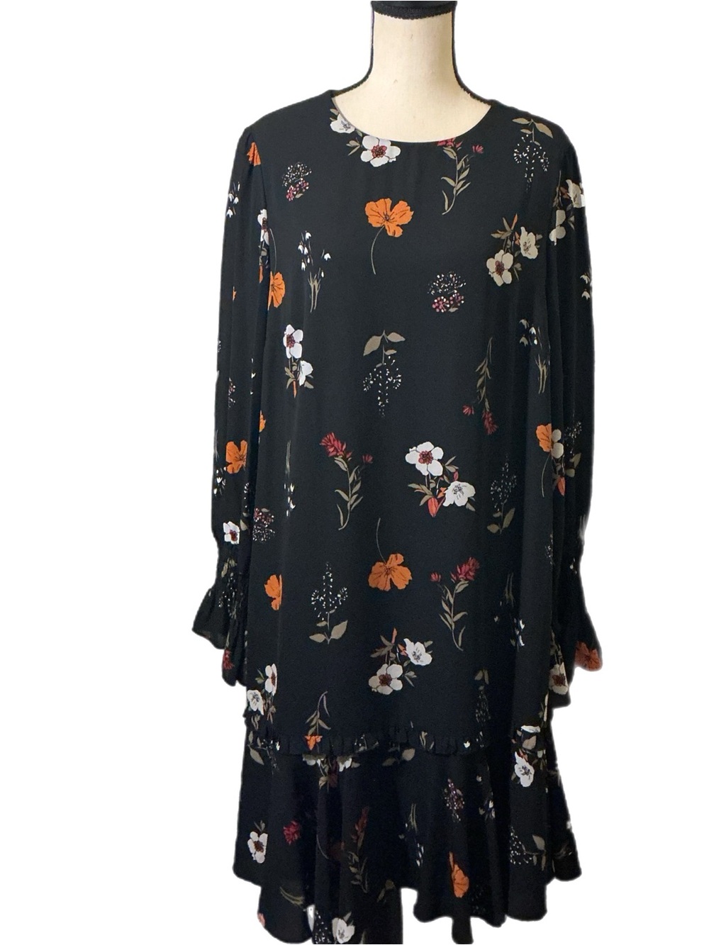 Donna Morgan 16 Black Floral Long-Sleeve Shift Dress with Orange & White Accen